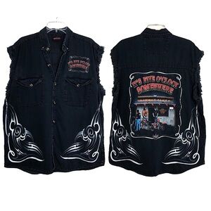 BIKER’S EDGE Vintage Cotton Fringe Sleeveles Button Black Collar Denim Shirt L